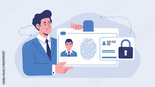businessman holding an id card with a fingerprint vector illustration, biometric security and identity verification