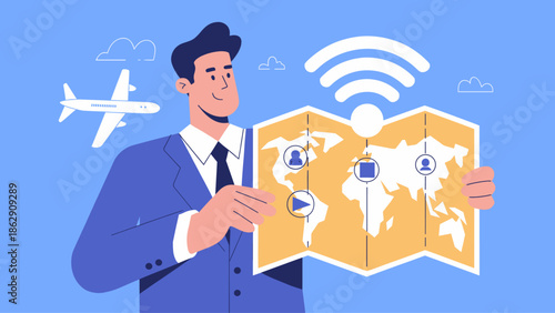 businessman holding a world map with wifi and airplane icons vector illustration, business travel and global connectivity