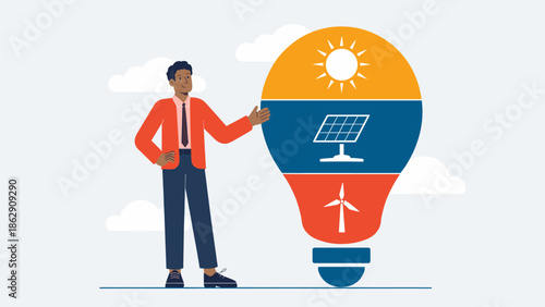businessman presenting a lightbulb with solar panel and wind turbine icons vector illustration