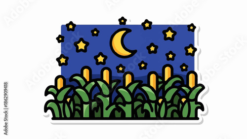 A stylized illustration of a cornfield under a starry night sky with a crescent moon