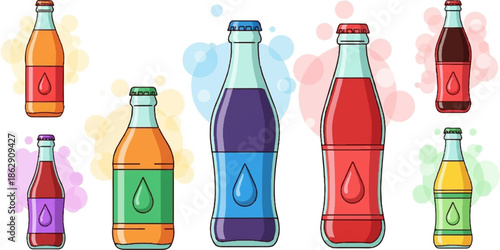 A vibrant collection of cartoon-style glass bottles filled with colorful beverages and abstract bokeh effects