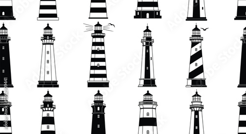 Set of various lighthouse silhouettes and striped tower icons for nautical navigation design vector