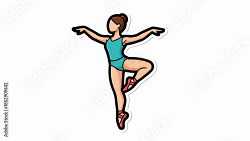 A stylized cartoon illustration of a ballerina in a teal leotard, performing a delicate dance pose