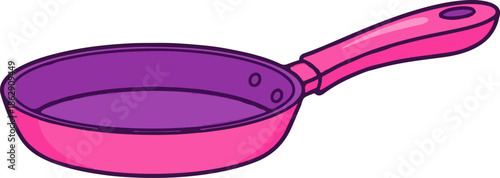 A stylized cartoon frying pan with a pink exterior and purple interior, featuring a matching pink handle with a purple accent