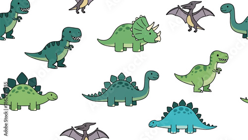 A vibrant collection of cute, green cartoon dinosaurs in various poses and species
