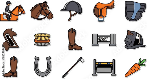 A vibrant collection of cartoon-style icons depicting various elements of horse riding and equestrian sports
