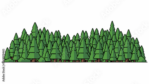 A stylized illustration of a dense forest line composed of many green pine trees with brown trunks