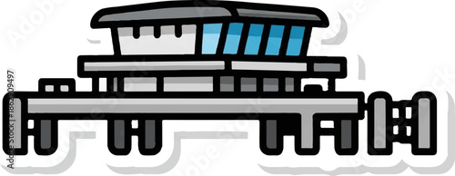 A stylized cartoon illustration of a modern, multi-level structure with a blue-windowed upper section, on a raised platform
