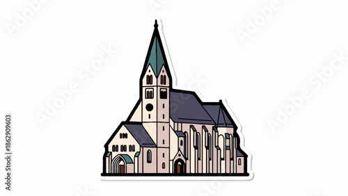 A stylized illustration of a large church with a tall spire and multiple windows