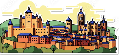 A stylized illustration of a historic European cityscape with towers and blue rooftops