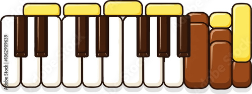 A stylized cartoon piano keyboard illustration with brown and white keys and yellow highlights