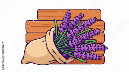 A simple illustration of lavender flowers spilling from a burlap sack onto wooden planks