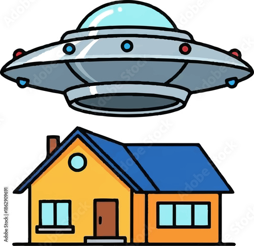 A whimsical illustration depicting a classic flying saucer hovering above a cheerful yellow house with a blue roof