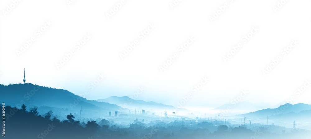 Naklejka premium Foggy morning mountain landscape view. Generative AI technology.