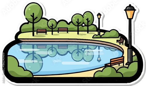 A peaceful park scene with a pond reflecting trees, benches, and a lamppost