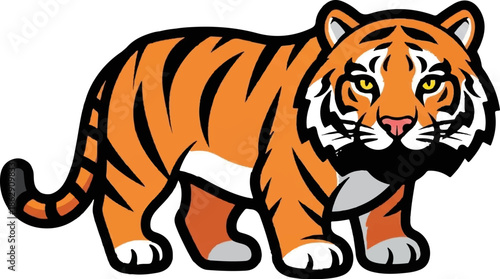 A stylized cartoon tiger stands with its body in profile and face turned forward