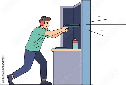 A person at a shooting range aims a handgun