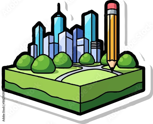 A pencil drawing a city landscape with skyscrapers and green parks