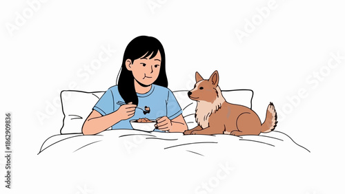 A person eats from a bowl while a dog rests nearby on a bed