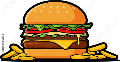 A tall, colorful cartoon burger with melted cheese, lettuce, and tomatoes, accompanied by fries