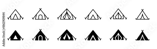 Camping tent icon set. Camping and outdoor shelter symbol. Travel, hiking and adventure concept. Camp equipment pictogram for tourism, nature trips and outdoor activities.