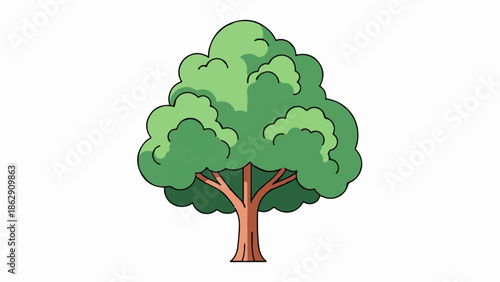 A stylized cartoon tree with a thick brown trunk and branches supporting a full, rounded canopy of varying green hues