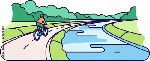 A person cycles along a paved path beside a winding blue river, with lush green trees in the background