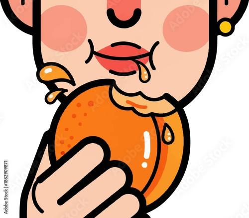A person eats a juicy orange, juice dripping from their mouth onto the fruit