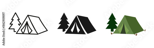 Camping tent icon. Outdoor shelter in forest concept. Nature travel, hiking and adventure symbol. Camp equipment pictogram for tourism, wilderness trips and outdoor activities.