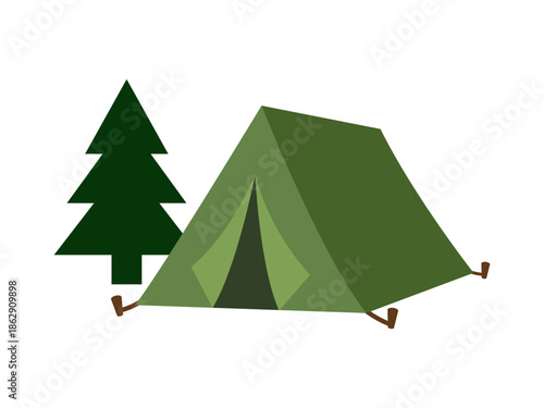Camping tent vector illustration. Green camp shelter at the forest campsite.