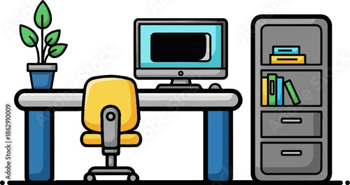 A simple illustration of a desk setup with a computer, chair, plant, and filing cabinet