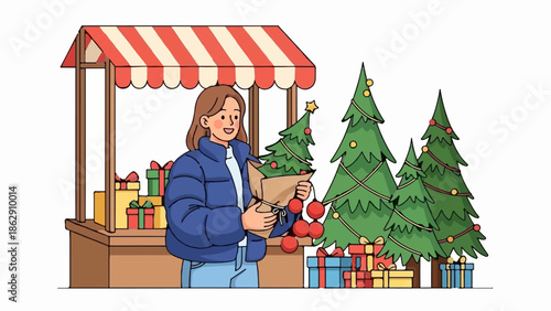 A person is decorating Christmas trees and wrapping gifts at a holiday market stand