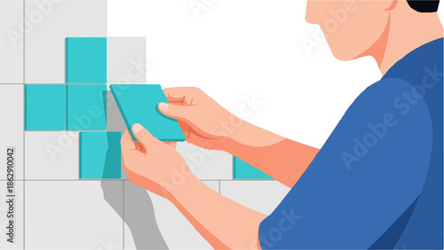 A person places turquoise tiles on a grid, forming a pattern on a blank background