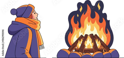 A person in winter attire watches a crackling bonfire, silhouetted against a white background