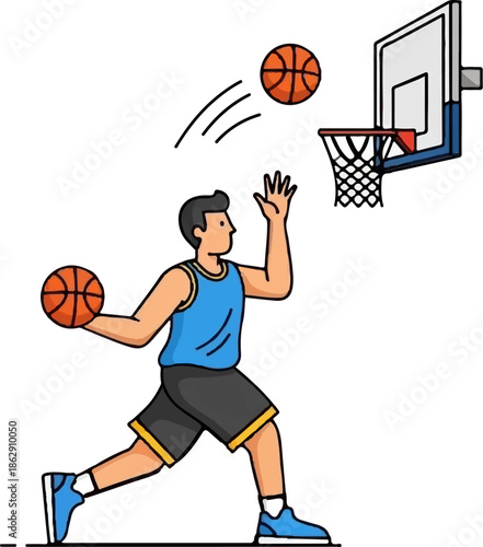 A person plays basketball, dribbling and shooting a ball towards a hoop