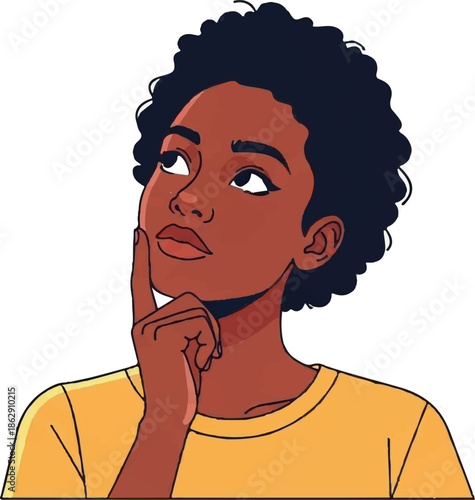 A person with dark curly hair and brown skin, wearing a yellow shirt, looks thoughtfully upwards