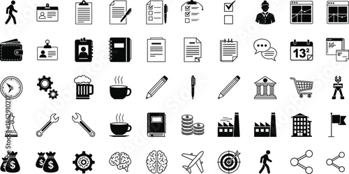 “Business office work icon collection representing documents finance tools planning strategy productivity management communication calendar gear wallet notebook illustration design set”