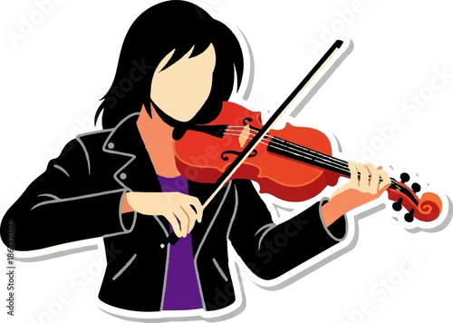 A person with dark hair plays a violin with a bow