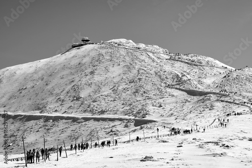 People and tourist hostel on top of Sniezka in the Giant Mountains