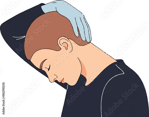 A person's head is tilted with a gloved hand gently touching their scalp