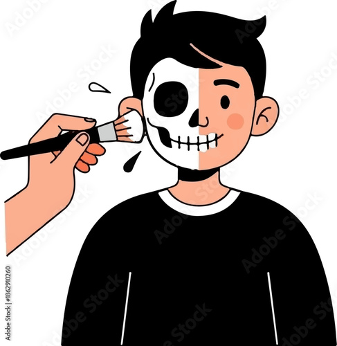 A person's face is being transformed with skull makeup using a brush