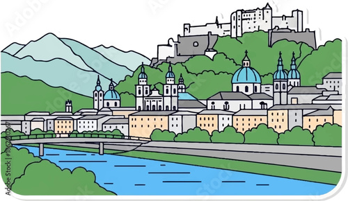 A picturesque city skyline with a fortress on a hill, domed buildings, and a river