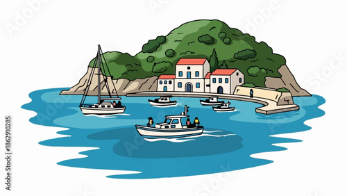 A picturesque coastal village with boats docked in a clear blue bay under a green hill