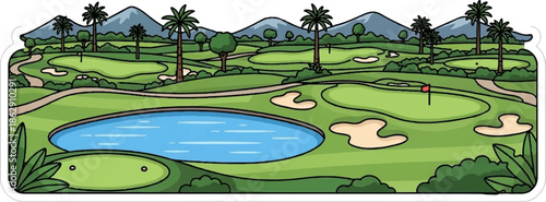 A picturesque golf course with rolling green hills, palm trees, and mountains in the background