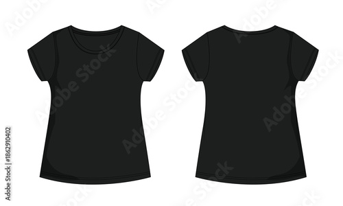 Regular fit Short sleeve basic t shirt vector template for ladies and baby girls. Technical fashion flat sketch with crew neckline illustration black color  mock up front, back 