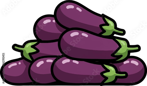 A pile of plump, purple eggplants with green stems, cartoon style
