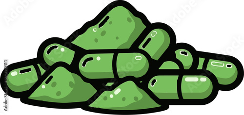 A pile of green capsules and powder, some with shine