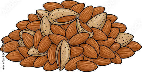 A pile of raw almonds, some shelled and some with their tan, speckled shells