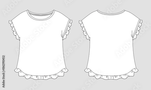 Women's Ruffled Sleeve and Hem T-Shirt Flat Sketch template