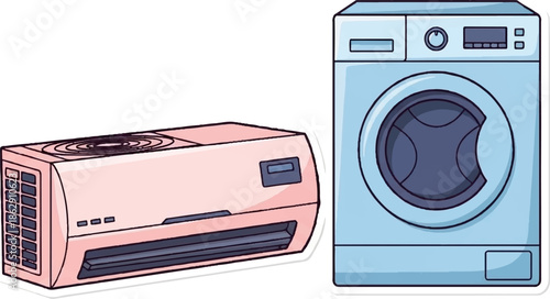 A pink air conditioner and a blue washing machine sit side by side